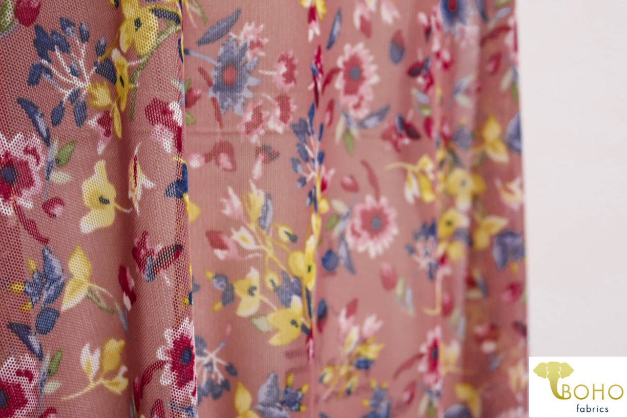 Colorful Floral Bouquet on Mauve. Power Mesh. SM-102. - Boho Fabrics