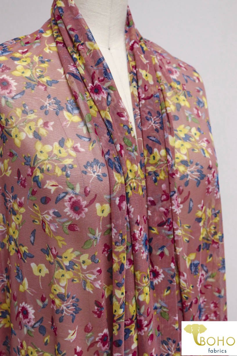 Colorful Floral Bouquet on Mauve. Power Mesh. SM-102. - Boho Fabrics