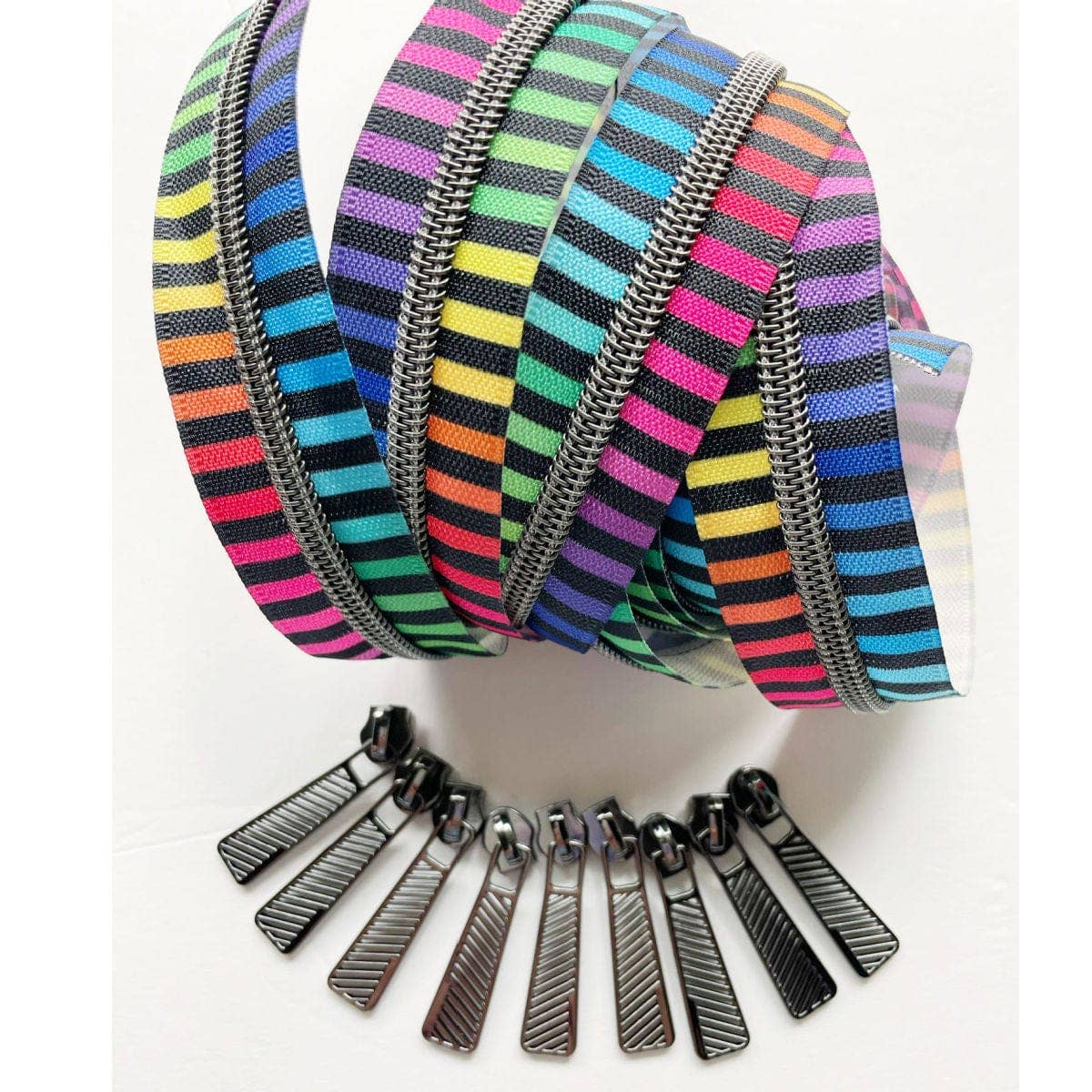 Colorful Stripe Continuous Zipper Tape with Gunmetal Teeth - Boho Fabrics - Zippers
