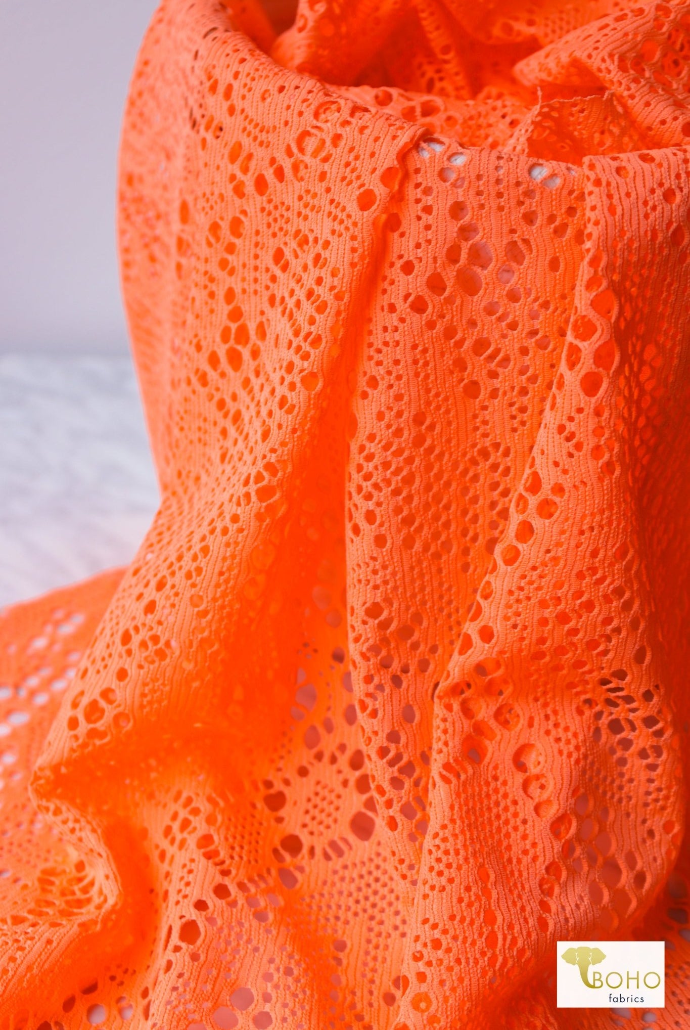 Cresendo in Neon Orange, Stretch Lace Fabric - Boho Fabrics - Stretch Lace Fabric