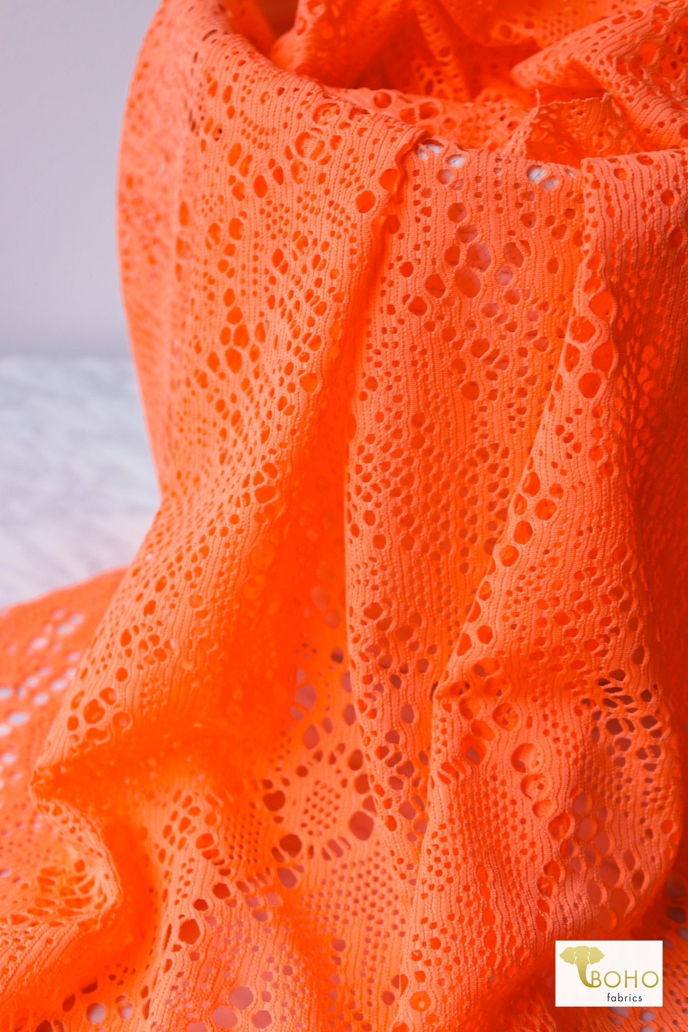 Cresendo in Neon Orange, Stretch Lace Fabric - Boho Fabrics - Stretch Lace Fabric