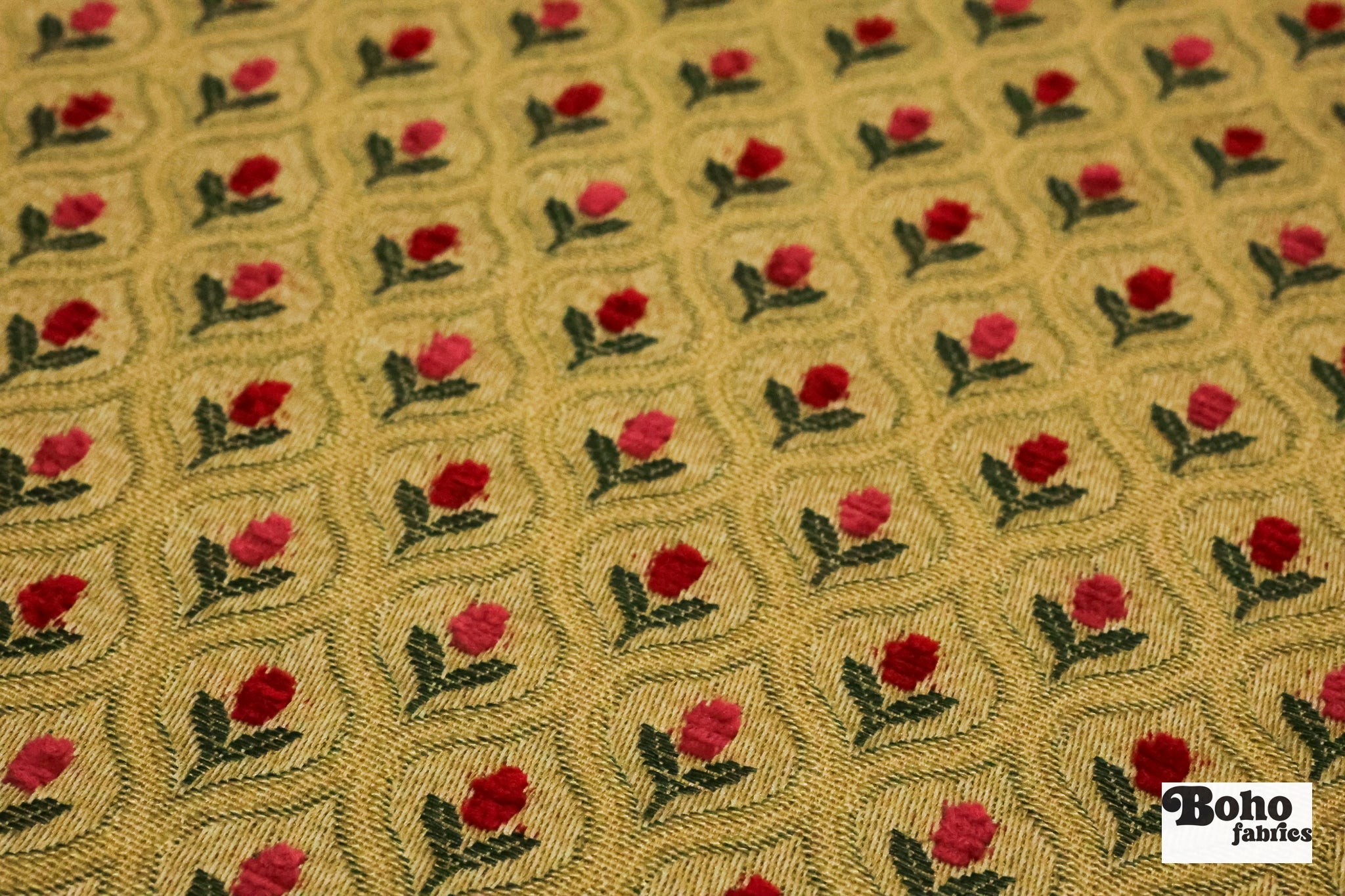 Crimson & Gold Ogee Tulips Jacquard Woven Fabric - Boho Fabrics - Jacquard, Woven