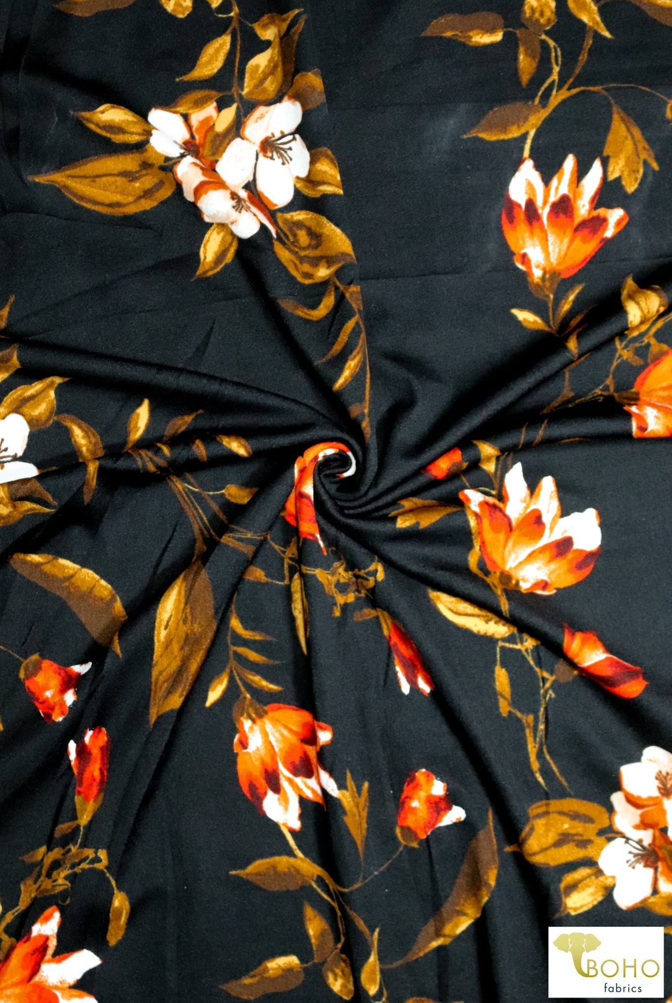 Crocus & Magnolias on Black, Scuba Crepe Knit. SCU-119-BLK - Boho Fabrics