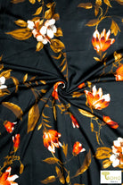 Crocus & Magnolias on Black, Scuba Crepe Knit. SCU-119-BLK - Boho Fabrics