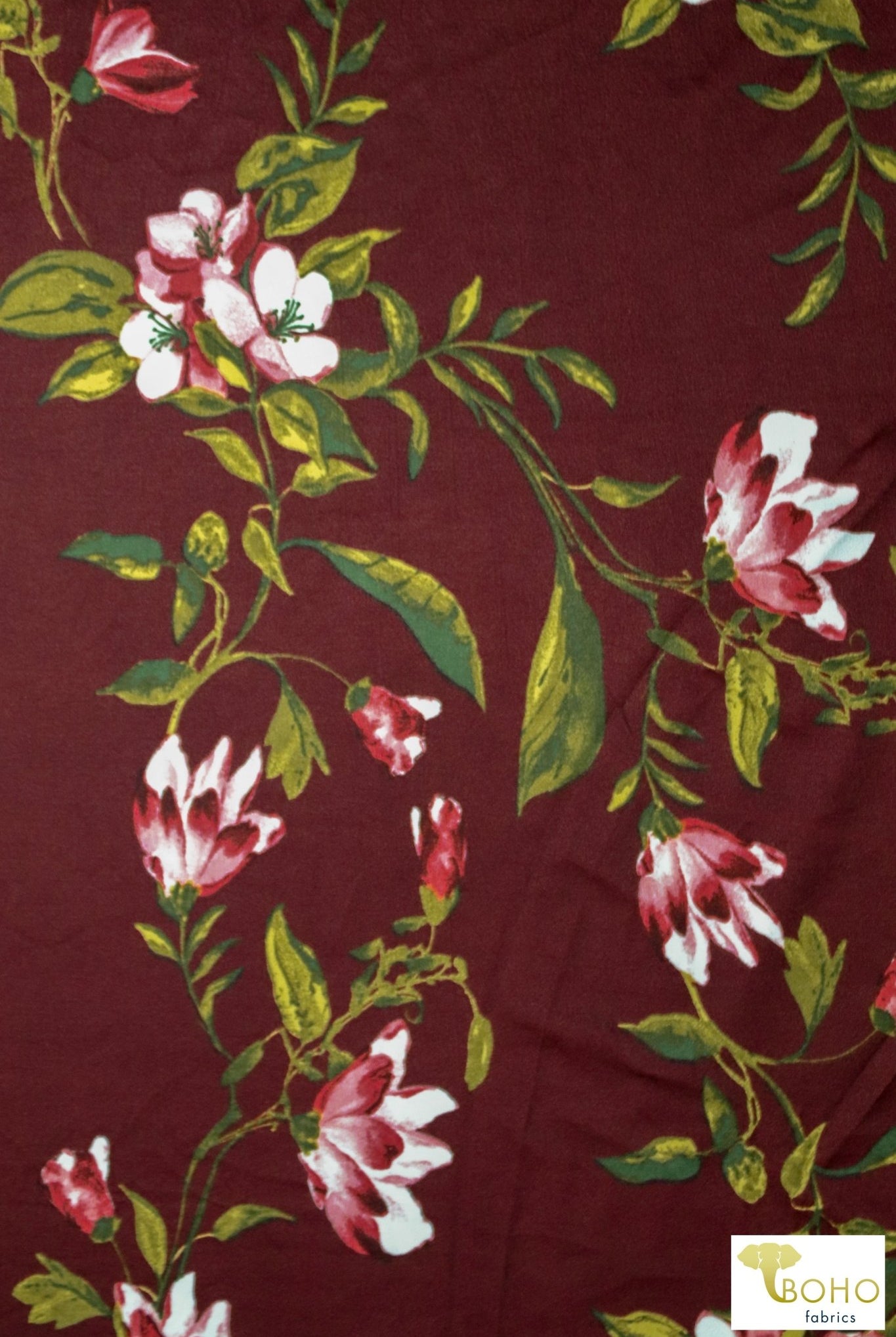 Crocus & Magnolias on Red, Scuba Crepe Knit. SCU-119-RED - Boho Fabrics