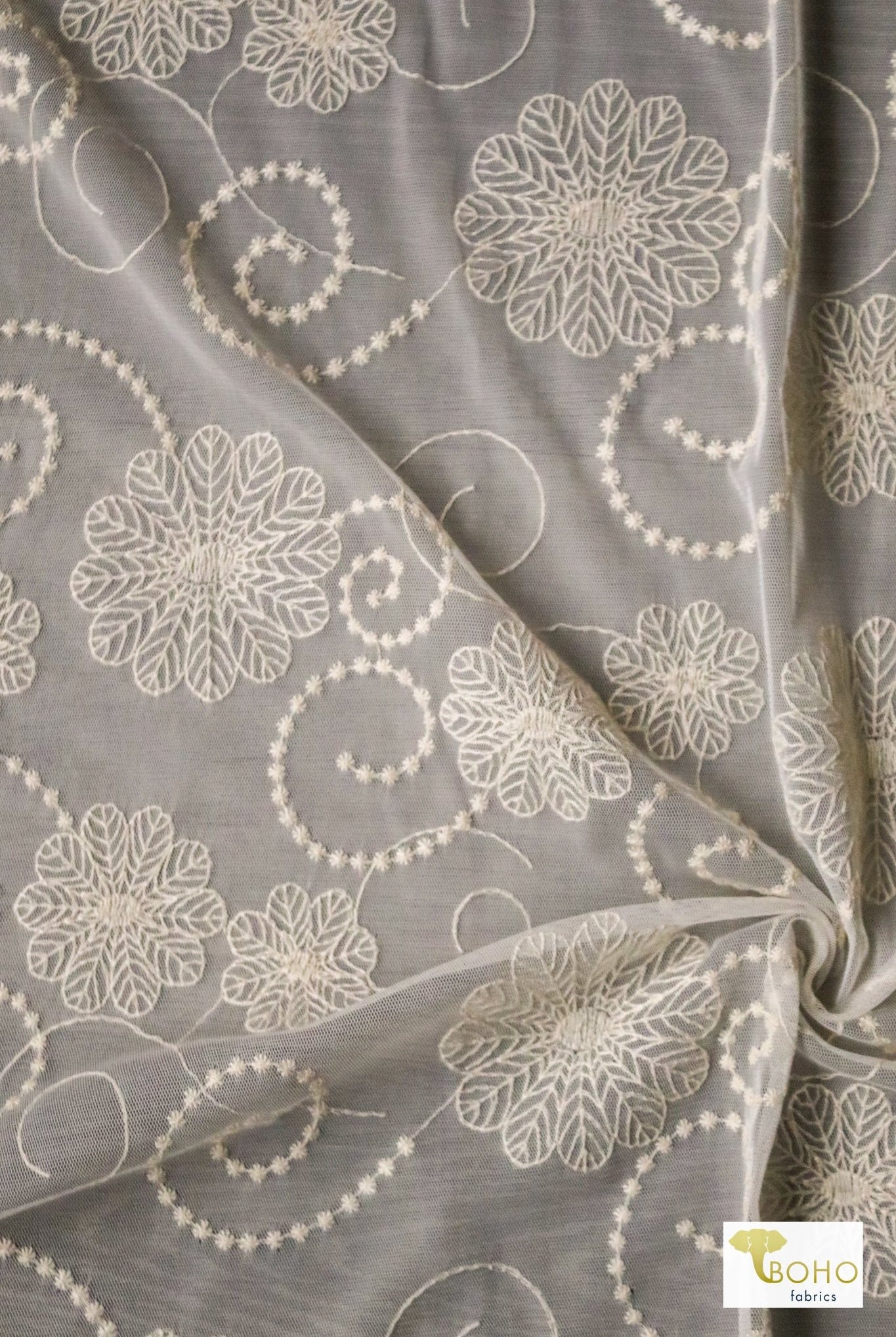 Dahlia Swirls, Ivory Embroidered Mesh. Special Occasion Fabric. - Boho Fabrics