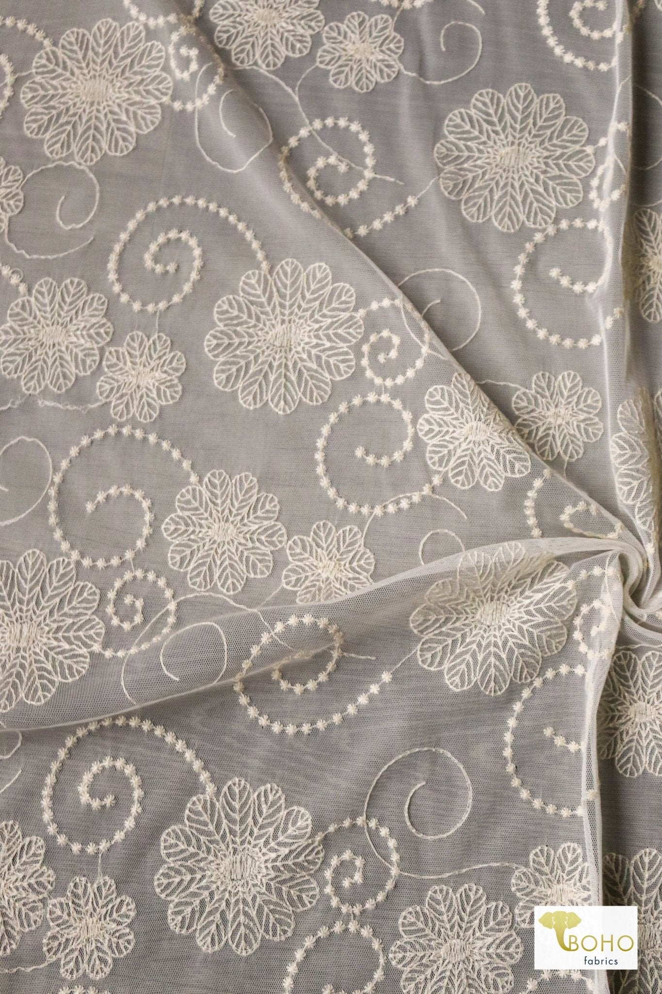 Dahlia Swirls, Ivory Embroidered Mesh. Special Occasion Fabric. - Boho Fabrics