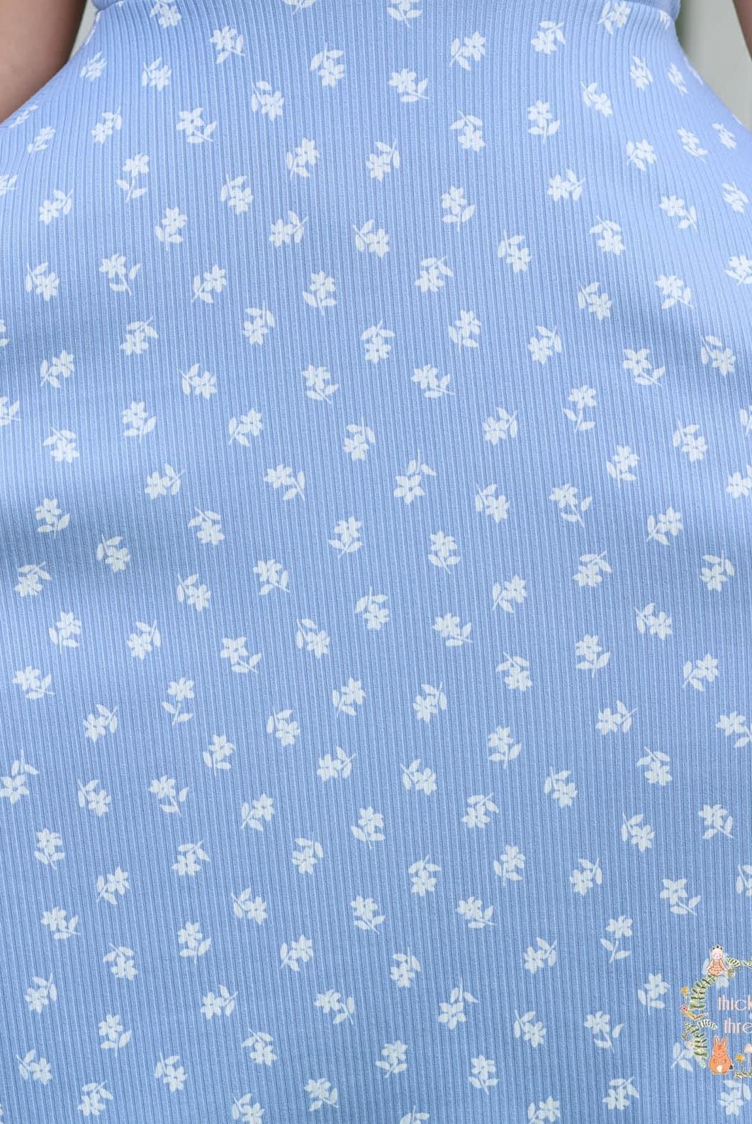 Daisies on Blue, Rib Knit - Boho Fabrics