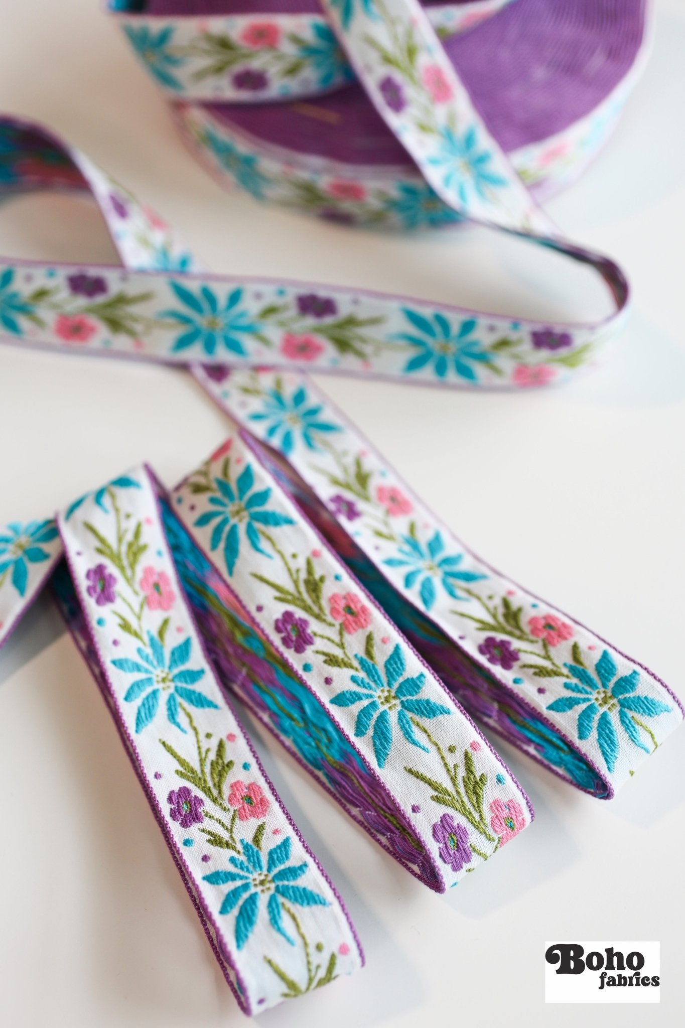 Dancing Meadow in Blue, 1 1/4" Vintage Jacquard Woven Trim, TRIM - 032 - Boho Fabrics - Trims