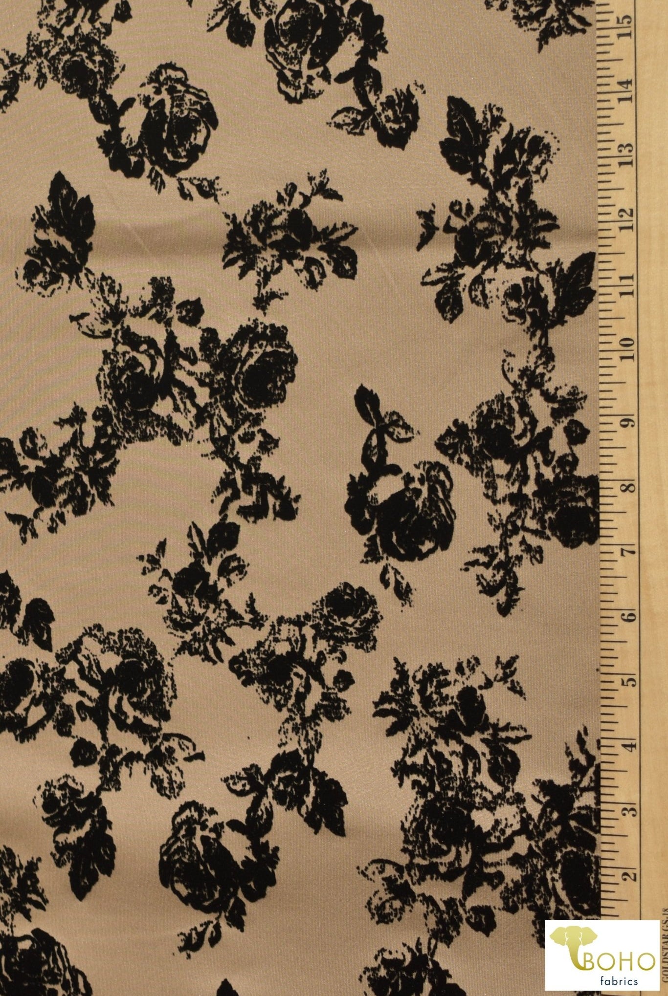 "Daphne" Florals on Beige. Velvet Flocked Scuba Knit. SCU-111-BEIG - Boho Fabrics