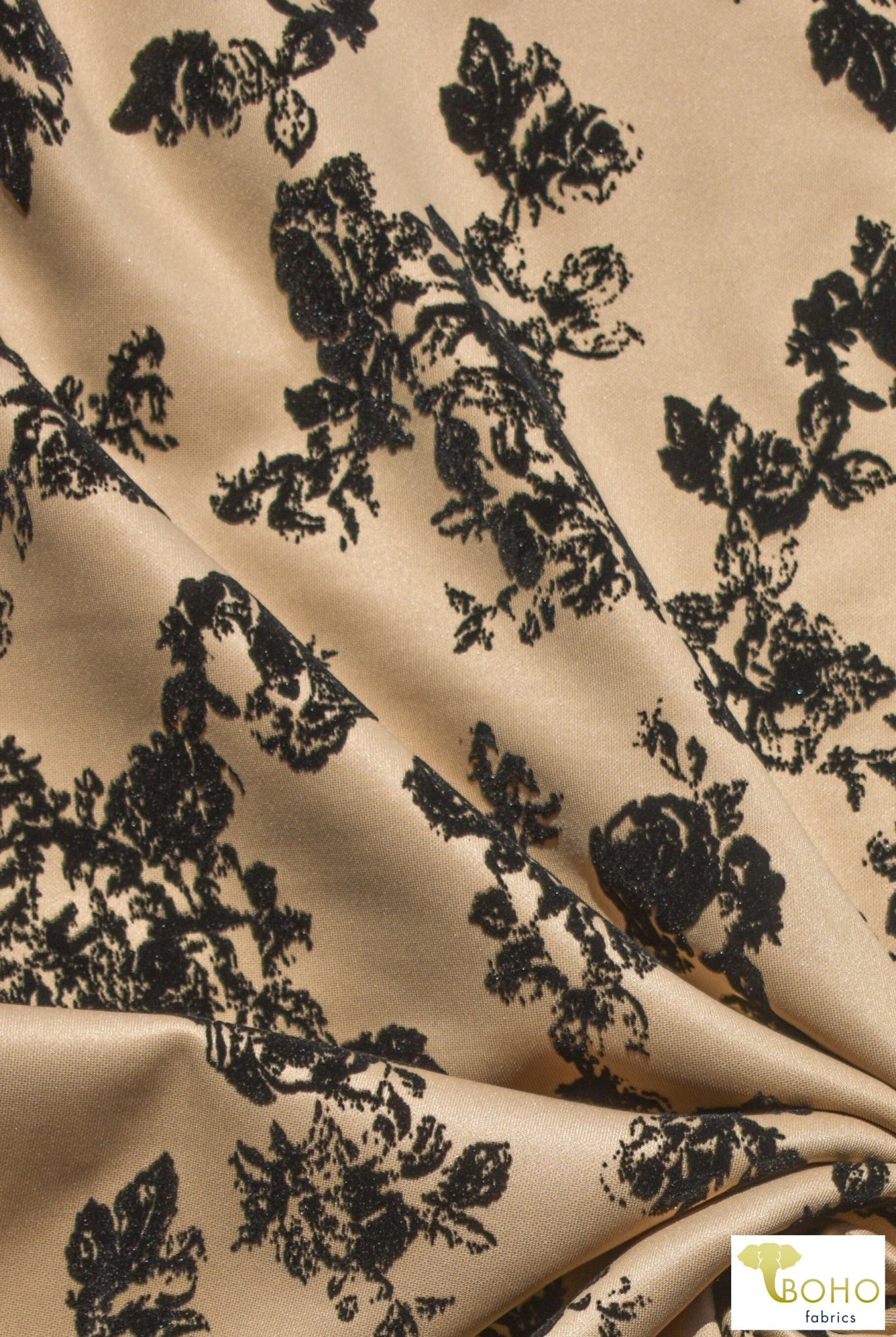 "Daphne" Florals on Beige. Velvet Flocked Scuba Knit. SCU-111-BEIG - Boho Fabrics