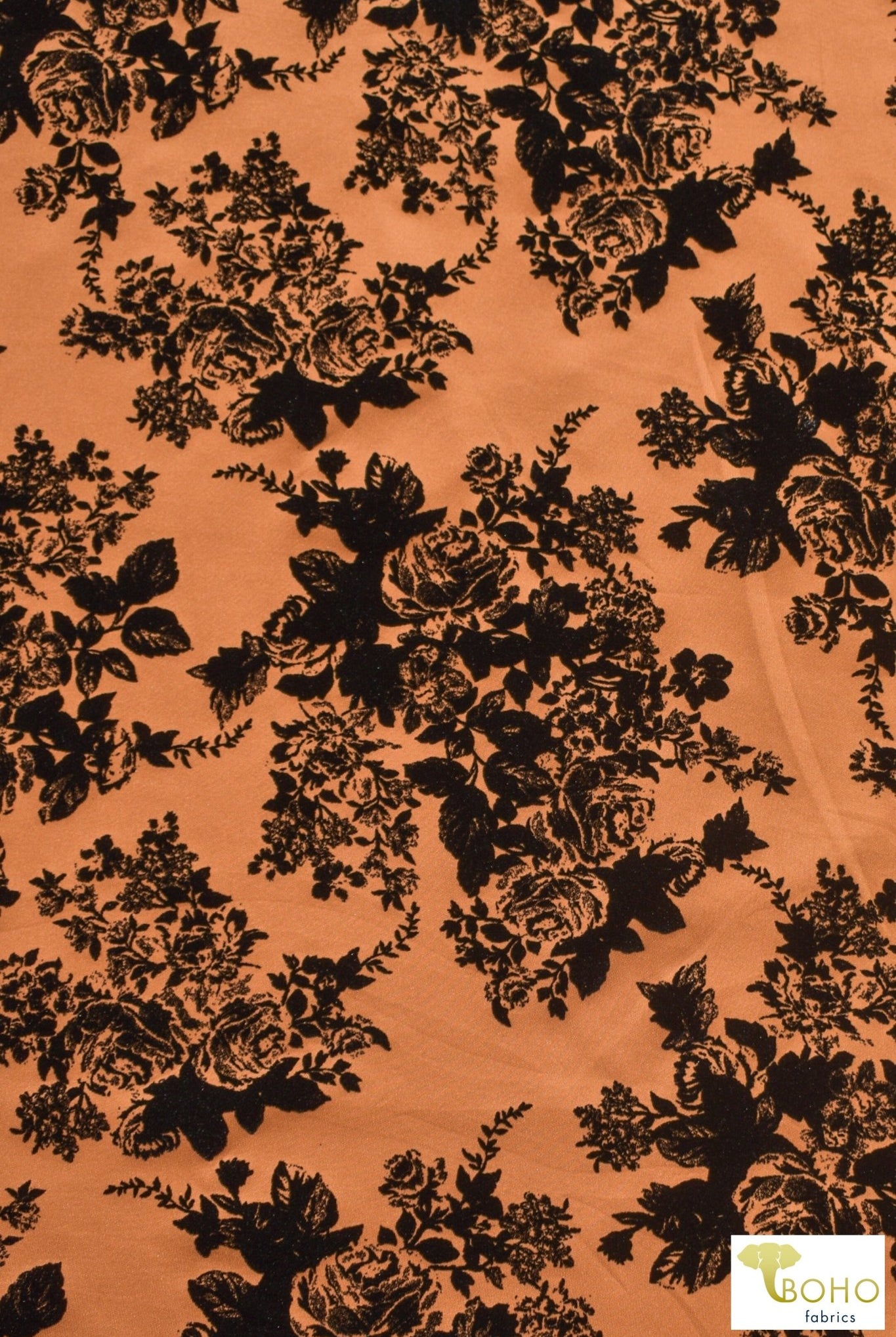"Daphne" Florals on Tangerine. Velvet Flocked Scuba Knit. SCU-111-ORG - Boho Fabrics