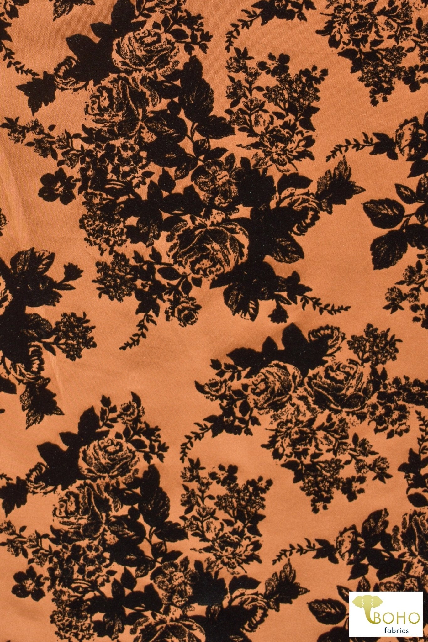 "Daphne" Florals on Tangerine. Velvet Flocked Scuba Knit. SCU-111-ORG - Boho Fabrics