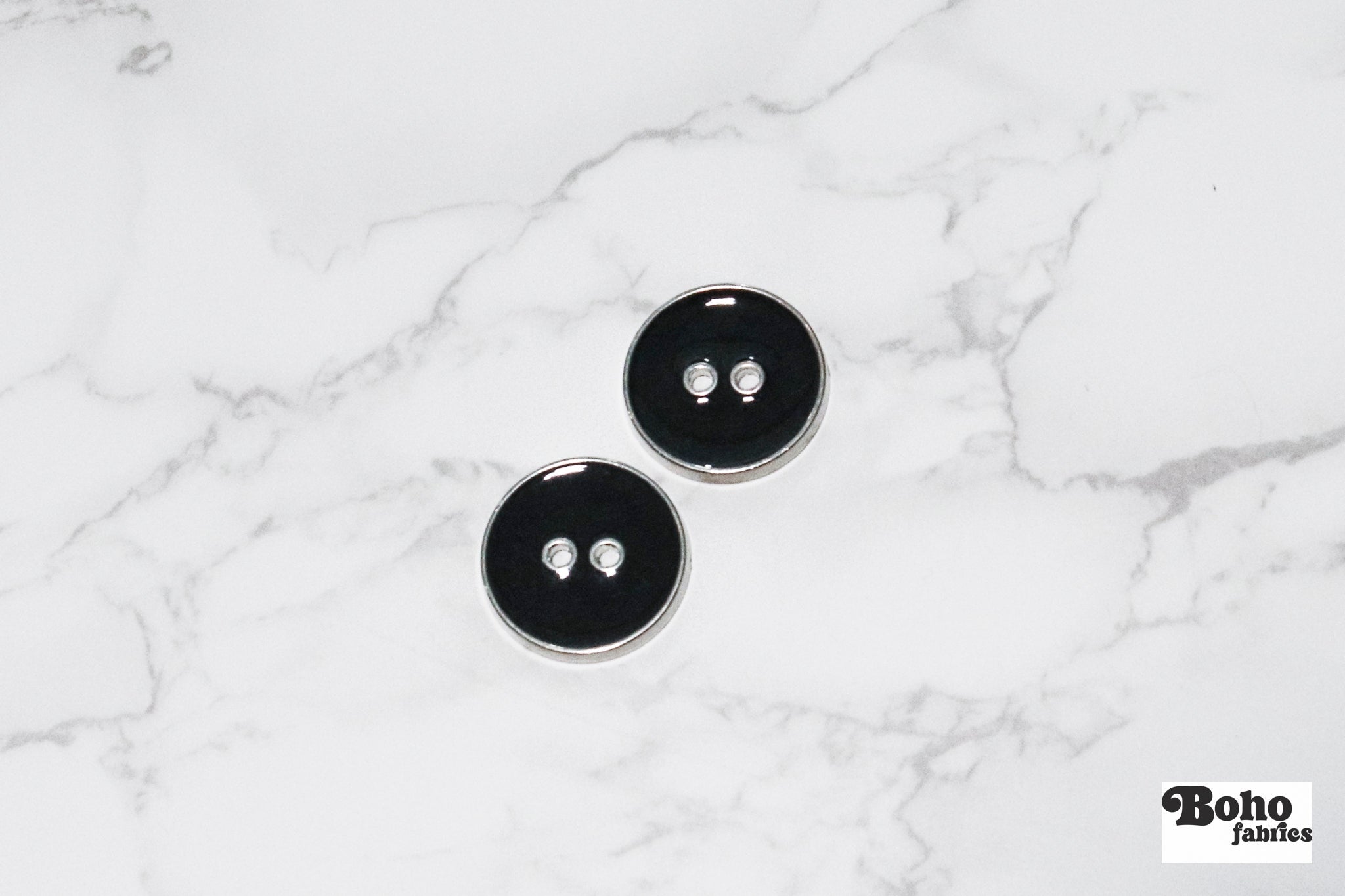 Dark Charcoal Silver Rimmed Two - hole Buttons. Available in 12.5mm (20L), 15mm (24L), 23mm (36L), and 25mm (40L) - Boho Fabrics - Buttons & Snaps