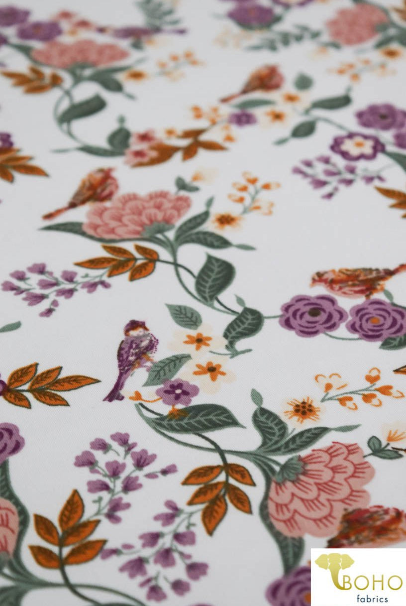 DBP: Sparrows Flower Garden on Ivory. Double Brushed Poly Knit Fabric. BP-114-WHT - Boho Fabrics