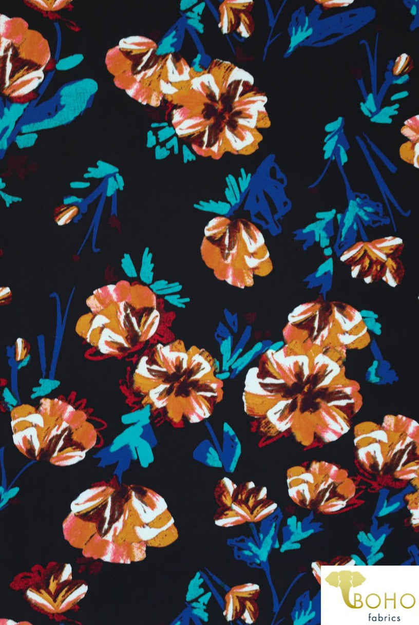 DBP: Twilight Watercolor Flowers on Black. Double Brushed Poly Knit Fabric. BP-115-BLK - Boho Fabrics