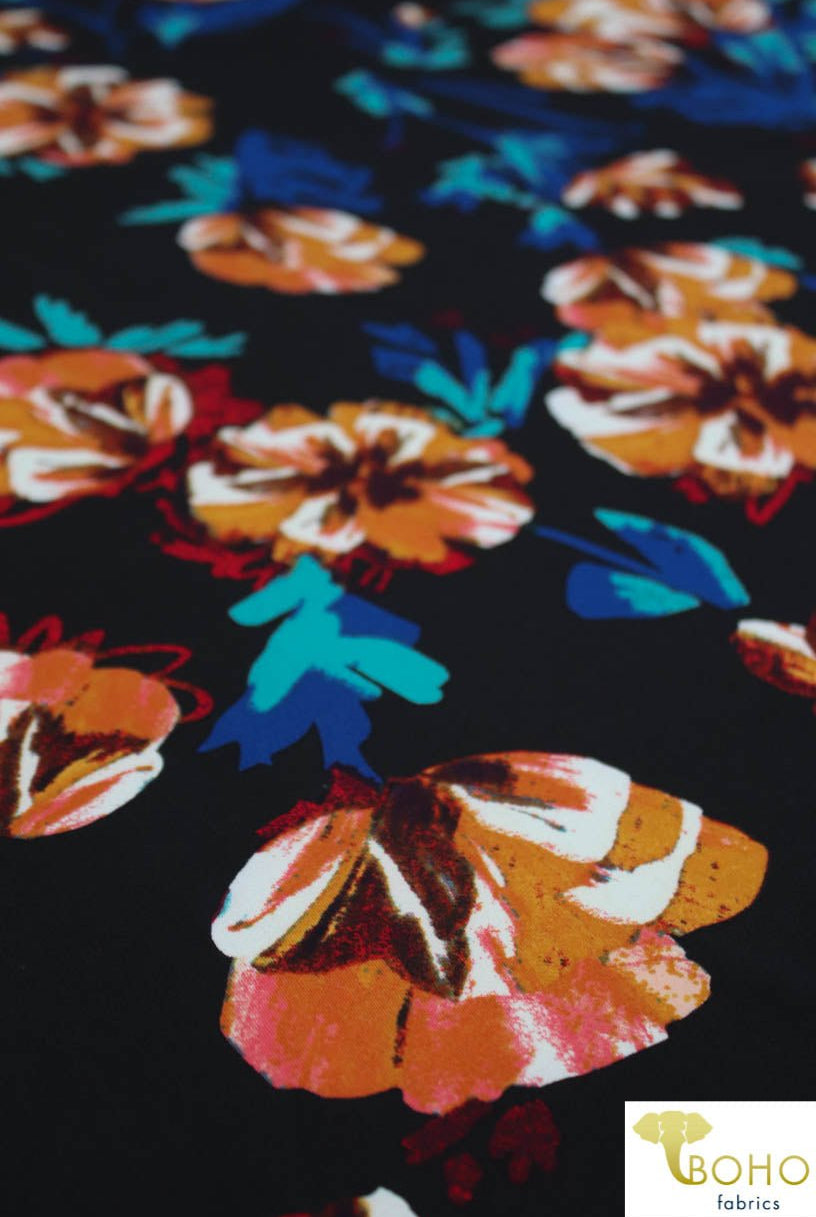 DBP: Twilight Watercolor Flowers on Black. Double Brushed Poly Knit Fabric. BP-115-BLK - Boho Fabrics