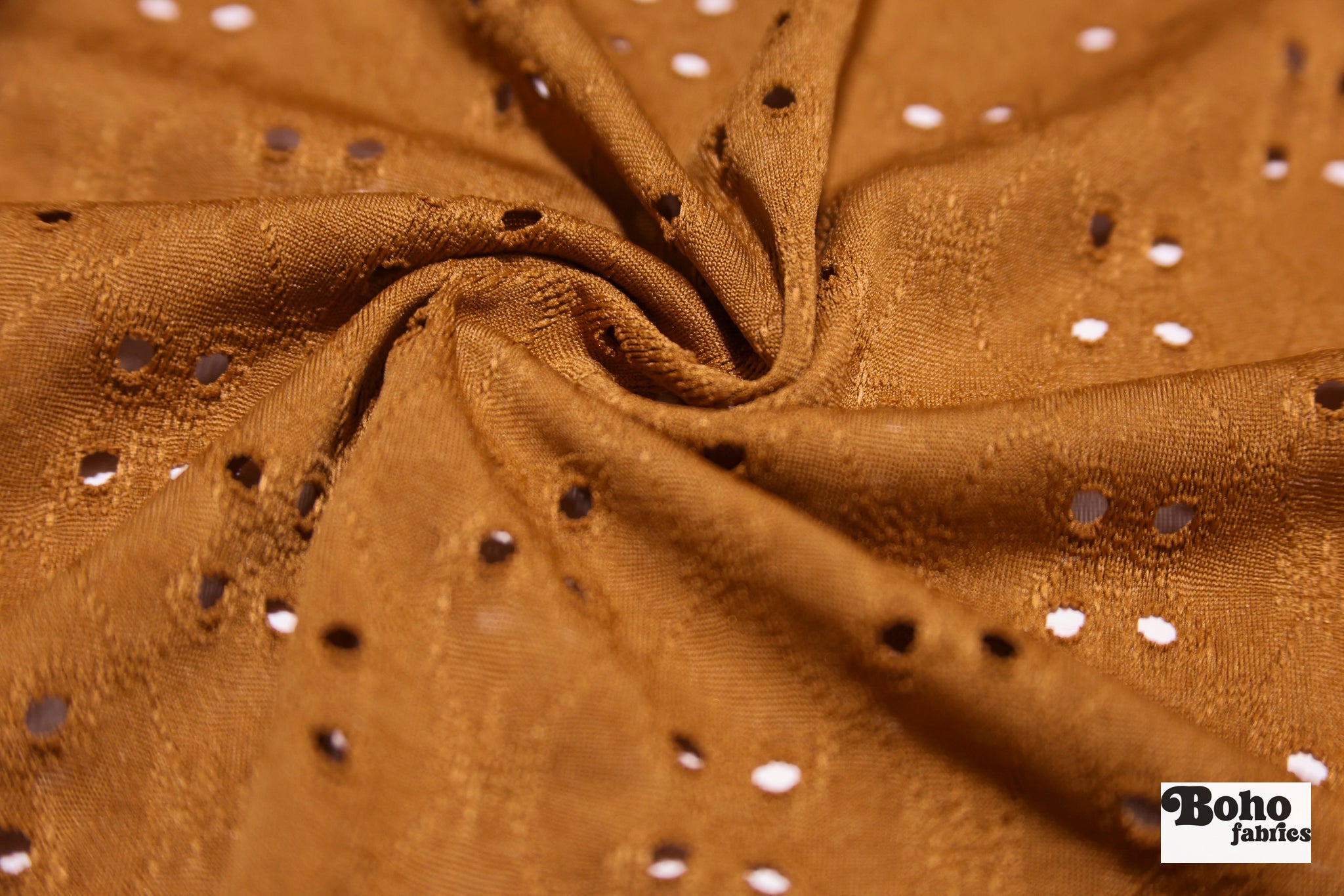 Deep Ochre, Butterfly Eyelet Jersey Knit Fabric - Boho Fabrics - Knit Fabric