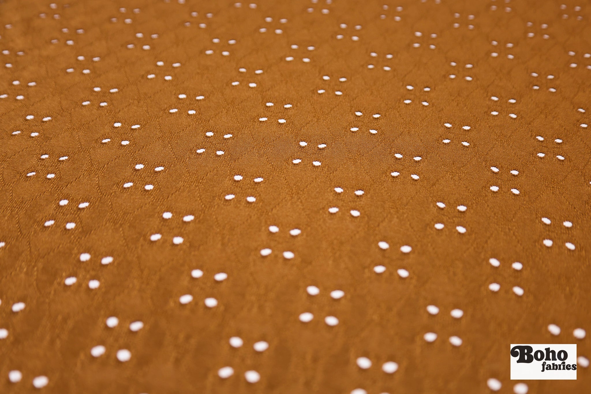 Deep Ochre, Butterfly Eyelet Jersey Knit Fabric - Boho Fabrics - Knit Fabric