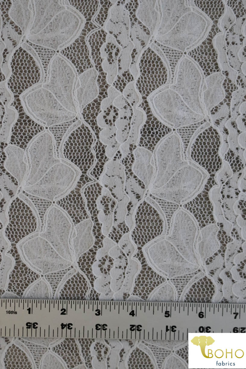 Delicate Leaves and Floral Stripes in White. Stretch Lace Knit. SL-113 - Boho Fabrics