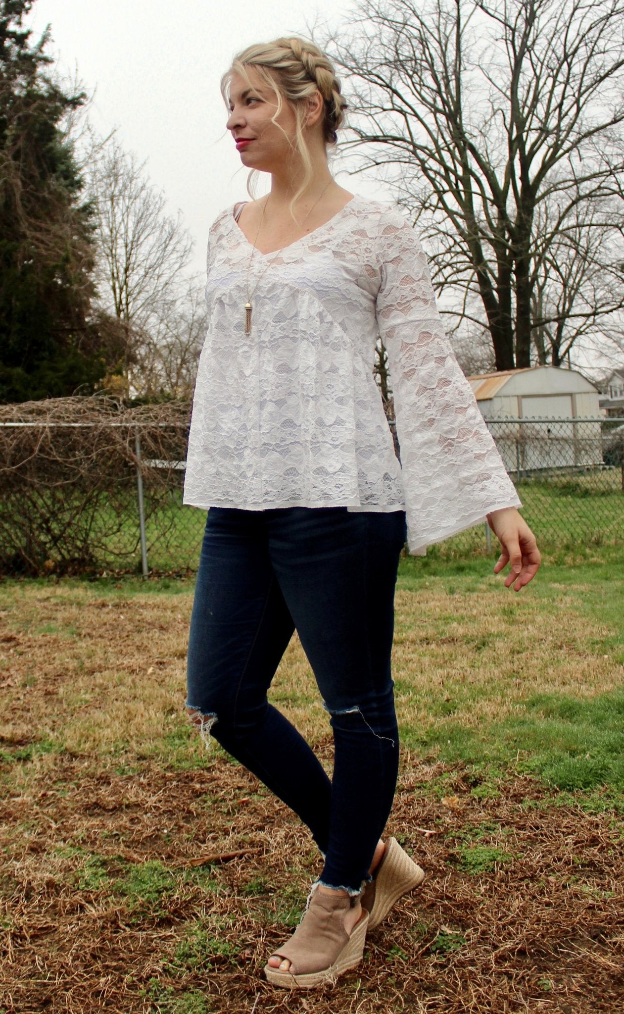 Delicate Leaves and Floral Stripes in White. Stretch Lace Knit. SL-113 - Boho Fabrics