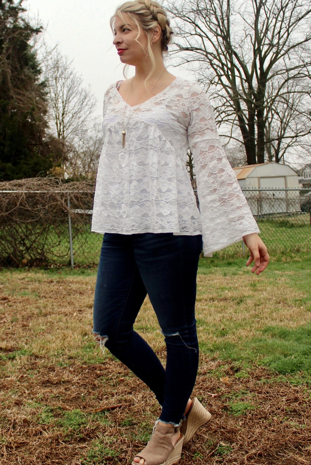 Delicate Leaves and Floral Stripes in White. Stretch Lace Knit. SL-113 - Boho Fabrics