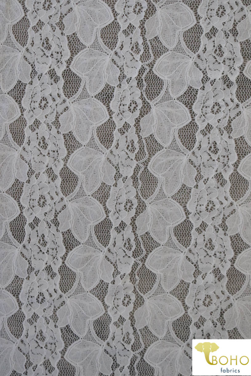 Delicate Leaves and Floral Stripes in White. Stretch Lace Knit. SL-113 - Boho Fabrics