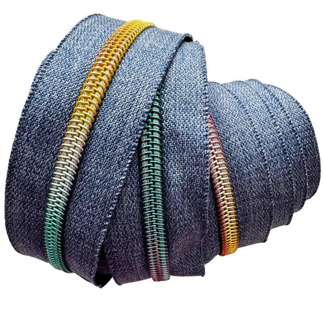 Denim Blue Nylon Zipper Tape with Rainbow Teeth - 3 Yards - Boho Fabrics - Zippers