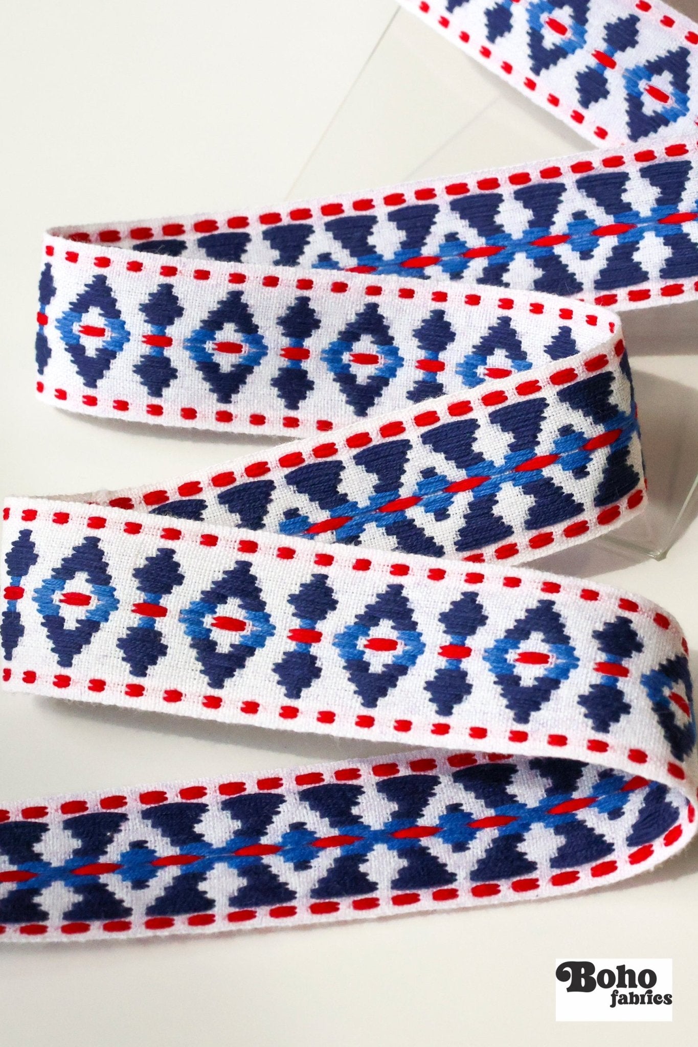 Diamond Blues, 1.25" Red White & Blue Woven Jacquard Trim.TRIM - 002 - Boho Fabrics - Trims