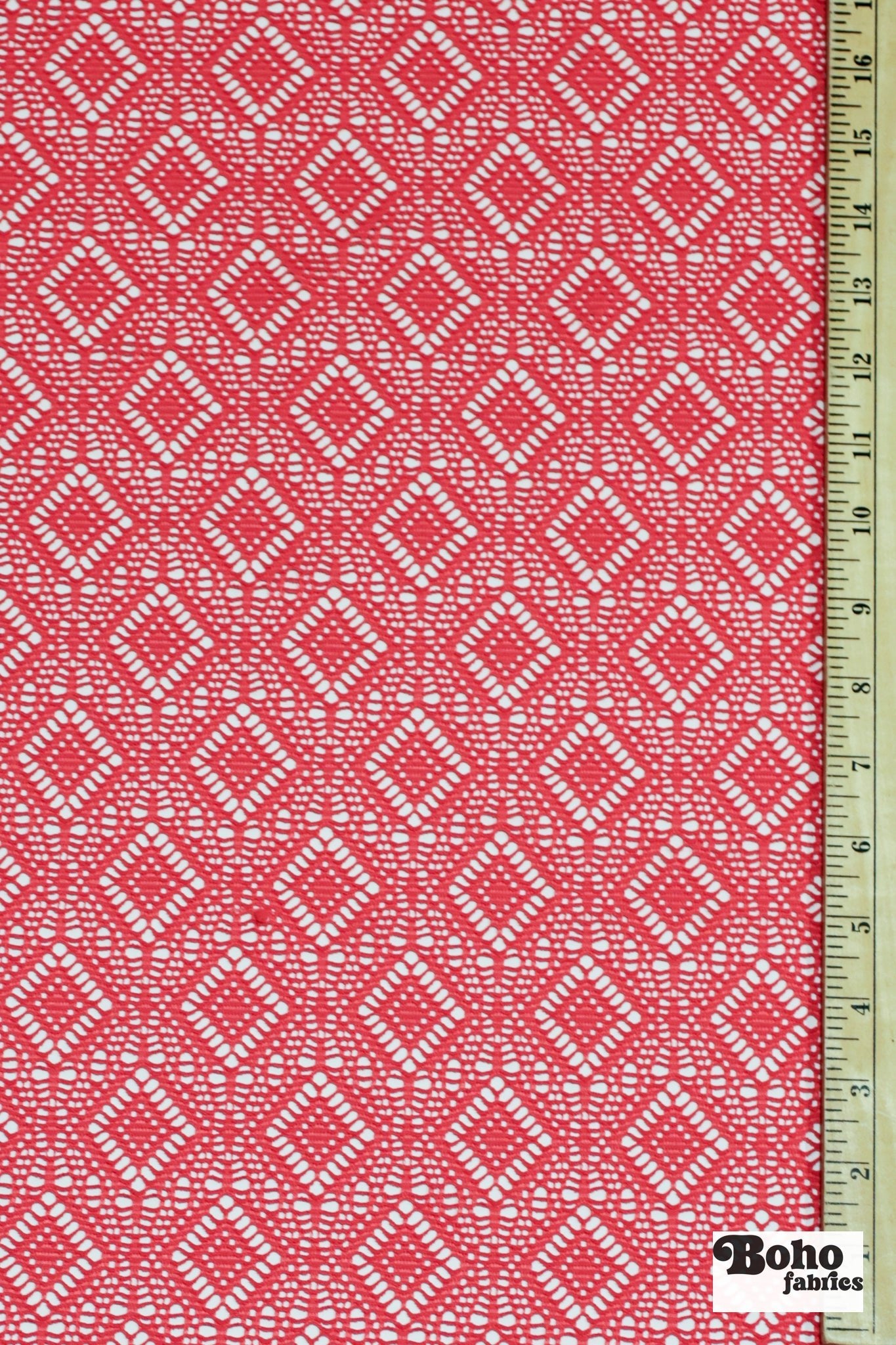 Diamond Eyes in Coral, Stretch Lace Fabric - Boho Fabrics - Stretch Lace Fabric