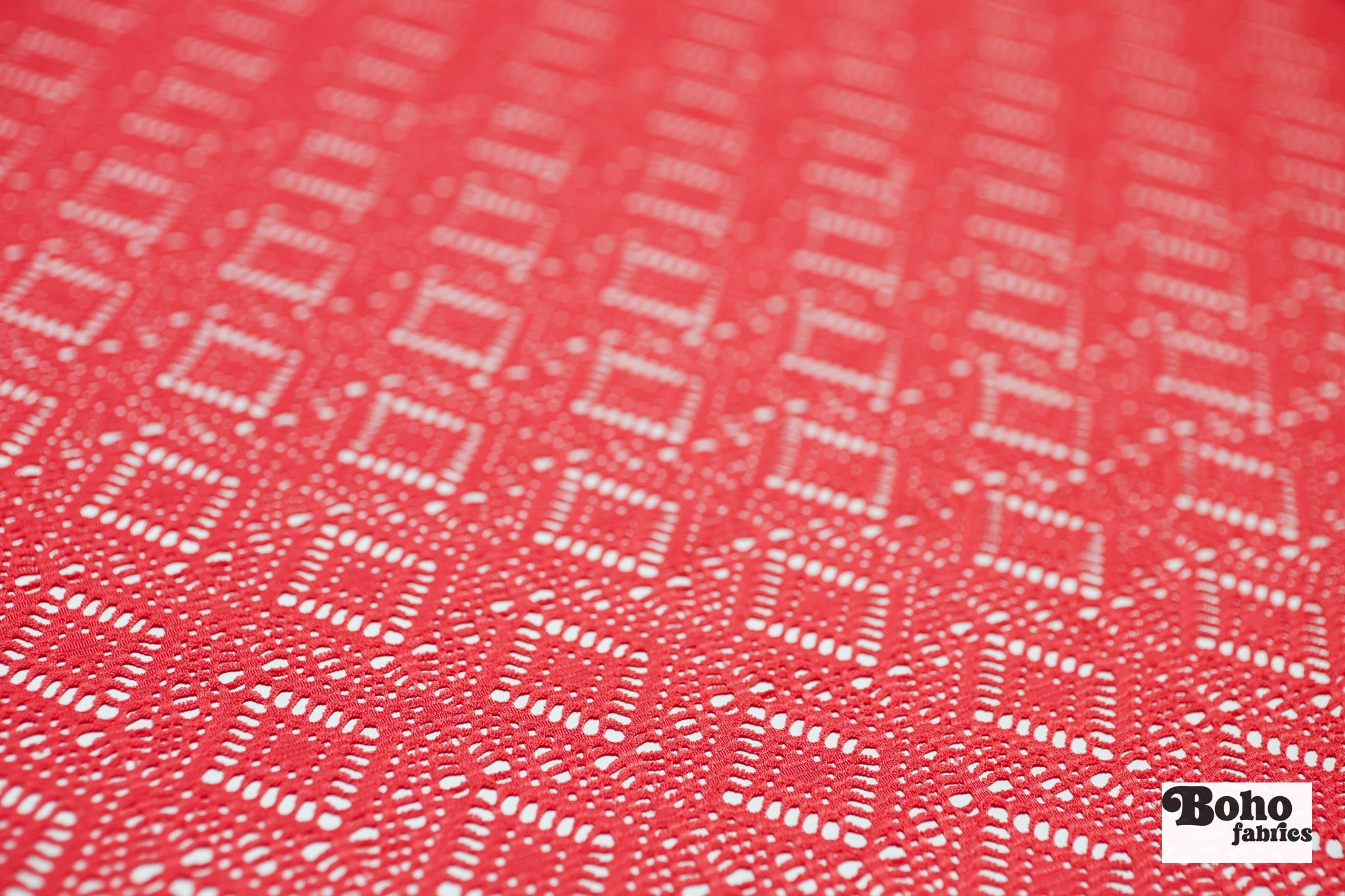Diamond Eyes in Coral, Stretch Lace Fabric - Boho Fabrics - Stretch Lace Fabric