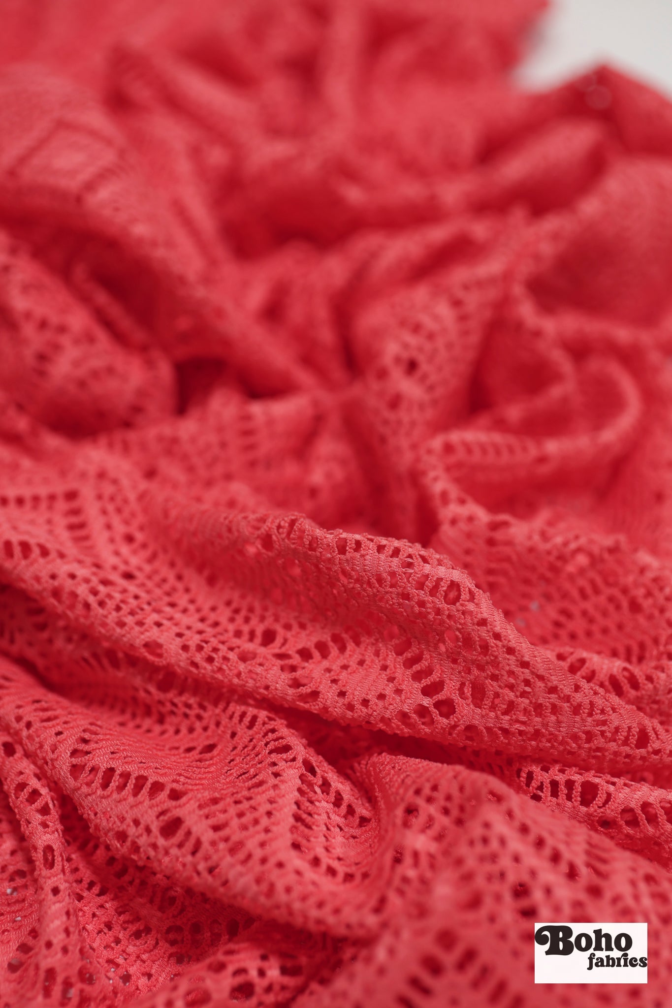 Diamond Eyes in Coral, Stretch Lace Fabric - Boho Fabrics - Stretch Lace Fabric
