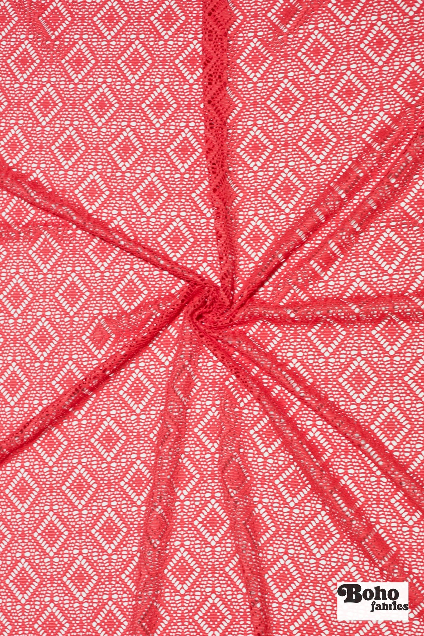 Diamond Eyes in Coral, Stretch Lace Fabric - Boho Fabrics - Stretch Lace Fabric
