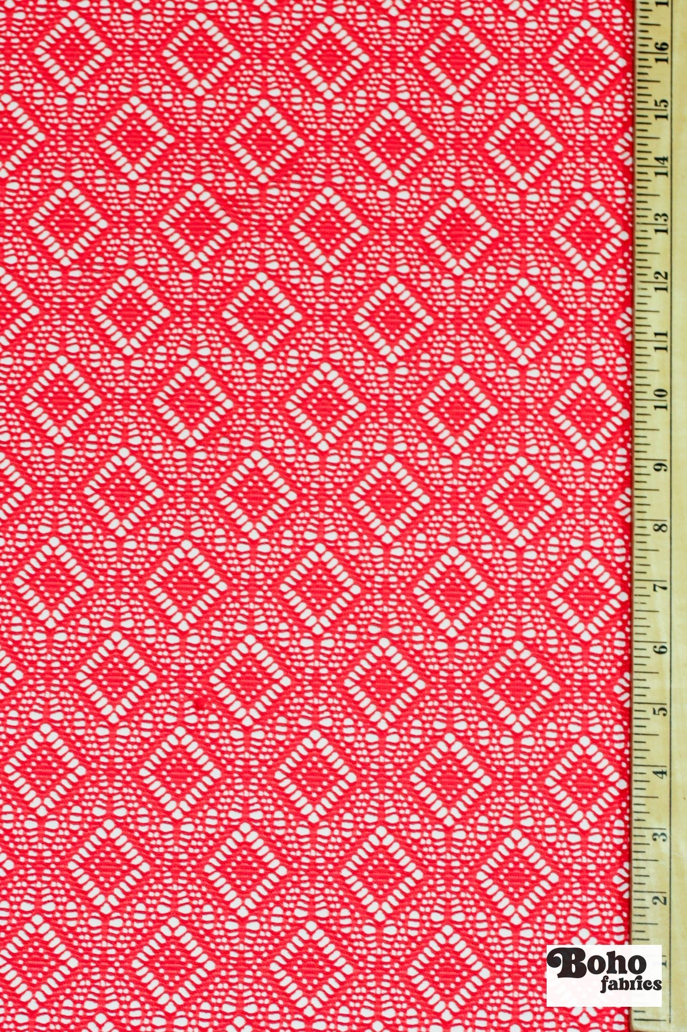 Diamond Eyes in Neon Coral, Stretch Lace Fabric - Boho Fabrics - Stretch Lace Fabric