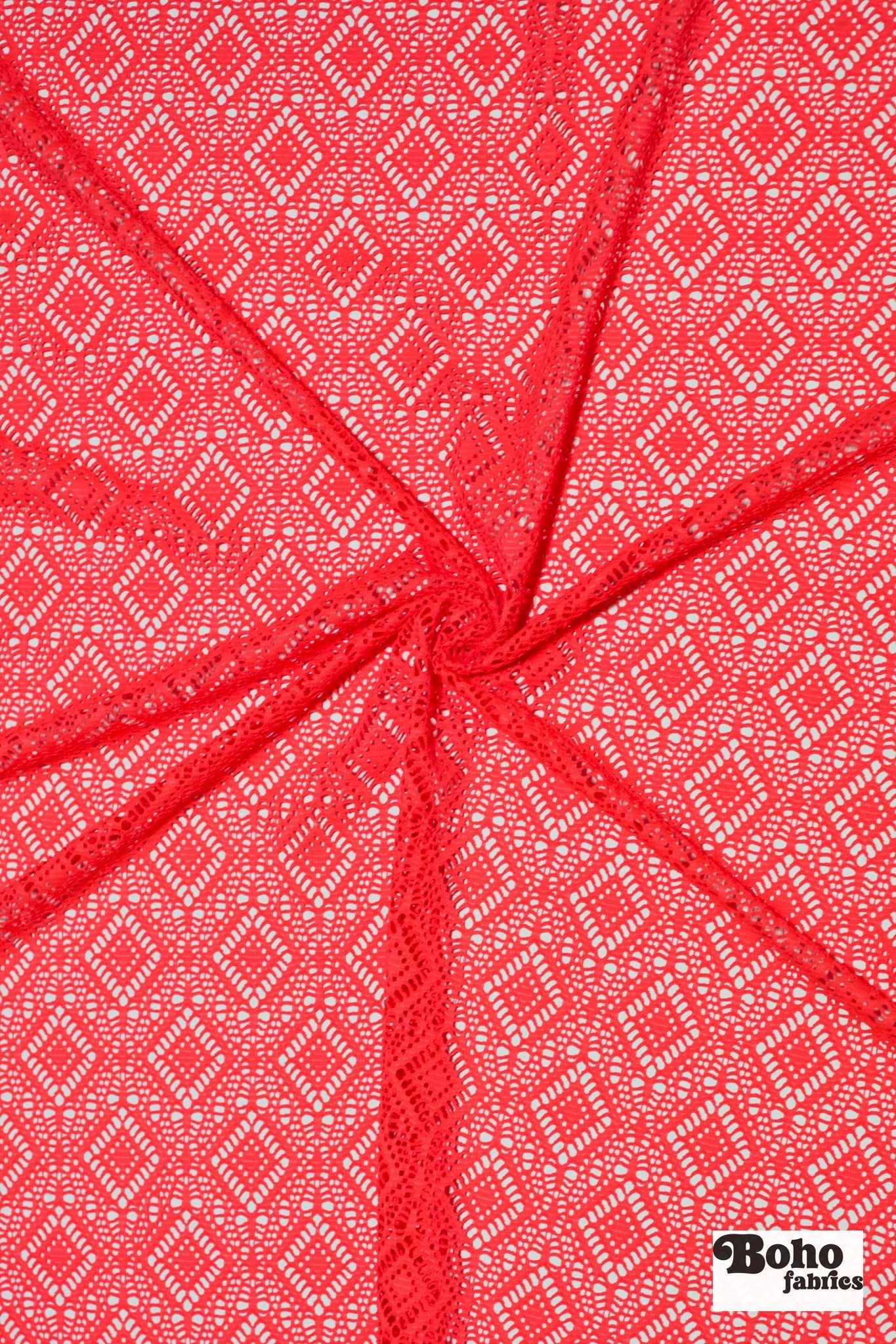 Diamond Eyes in Neon Coral, Stretch Lace Fabric - Boho Fabrics - Stretch Lace Fabric