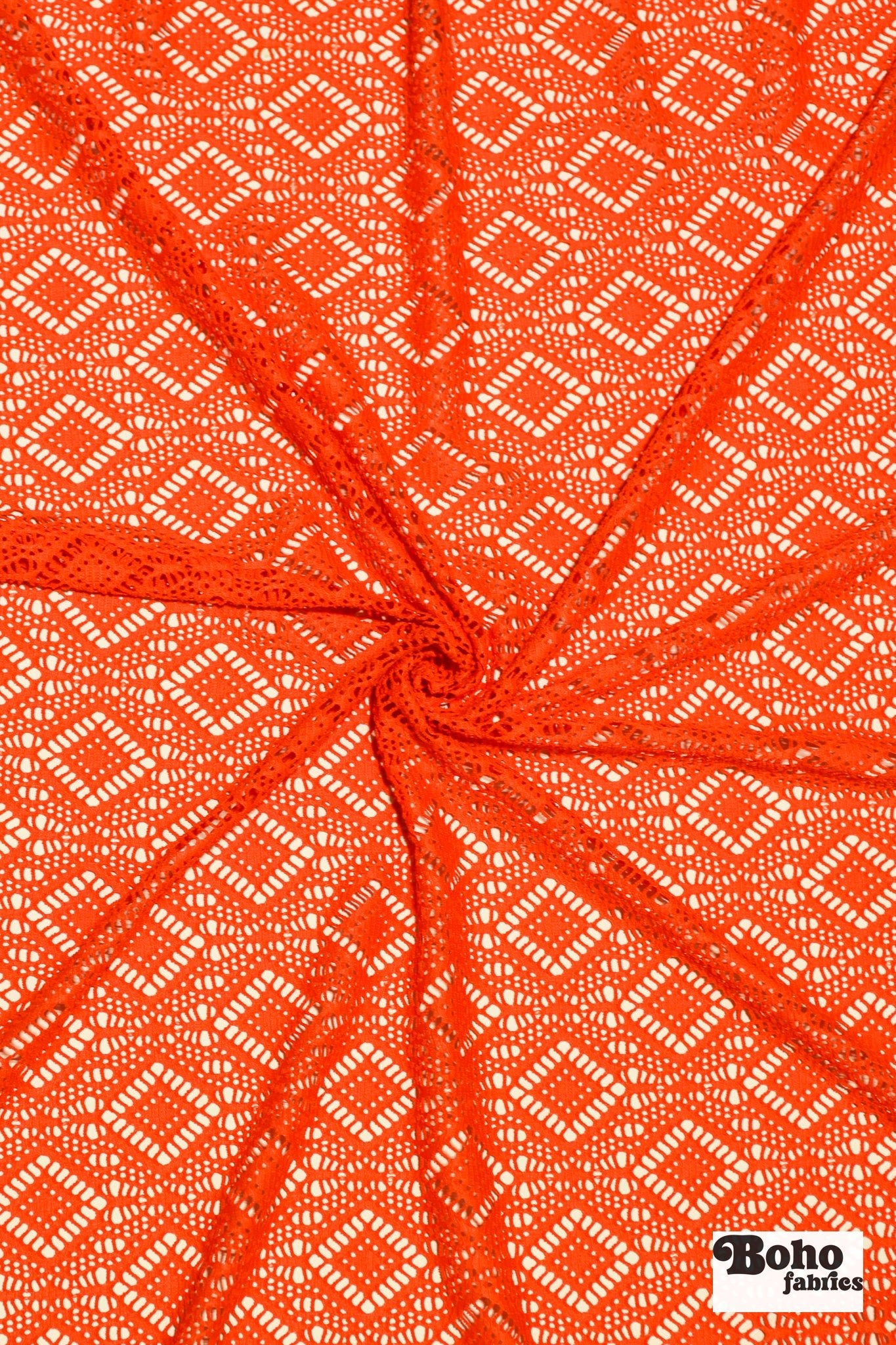 Diamond Eyes in Orange, Stretch Lace Fabric - Boho Fabrics - Stretch Lace Fabric