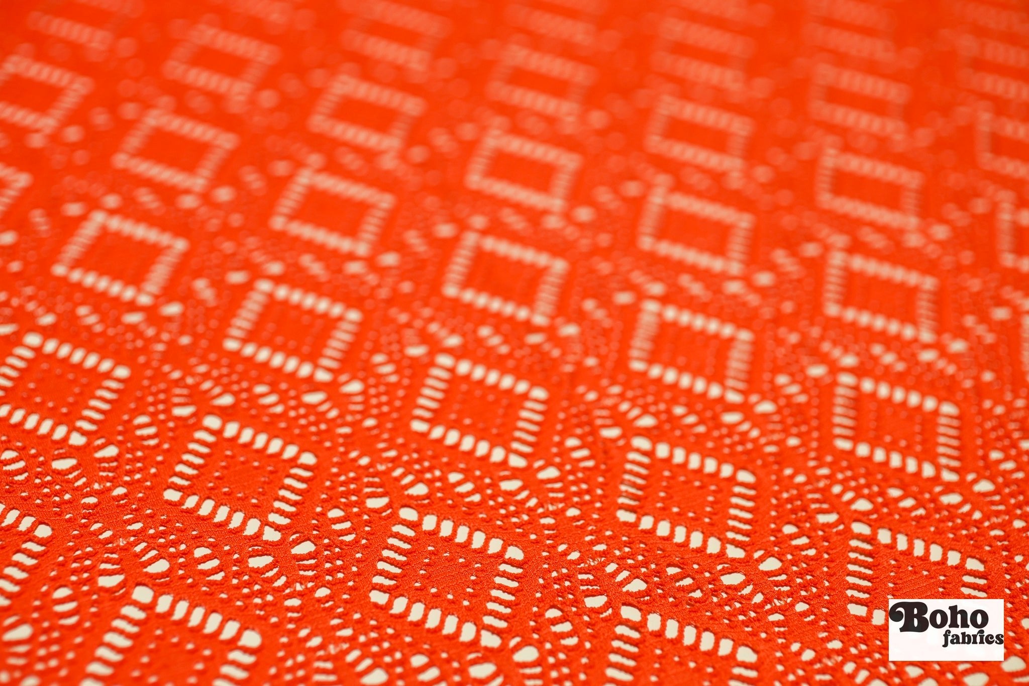 Diamond Eyes in Orange, Stretch Lace Fabric - Boho Fabrics - Stretch Lace Fabric