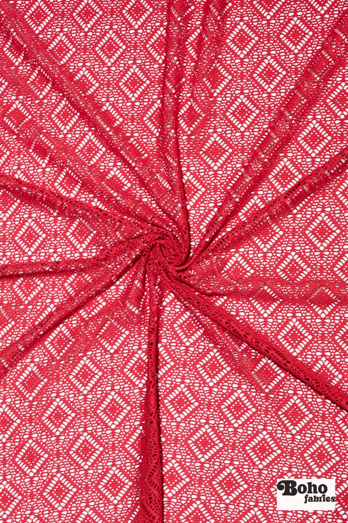 Diamond Eyes in Strawberry, Stretch Lace Fabric - Boho Fabrics - Stretch Lace Fabric