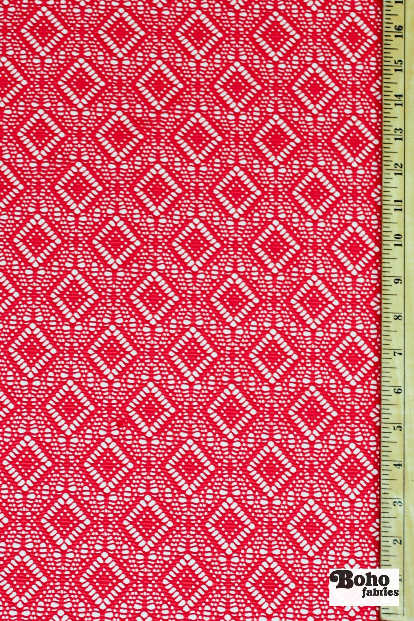 Diamond Eyes in Strawberry, Stretch Lace Fabric - Boho Fabrics - Stretch Lace Fabric