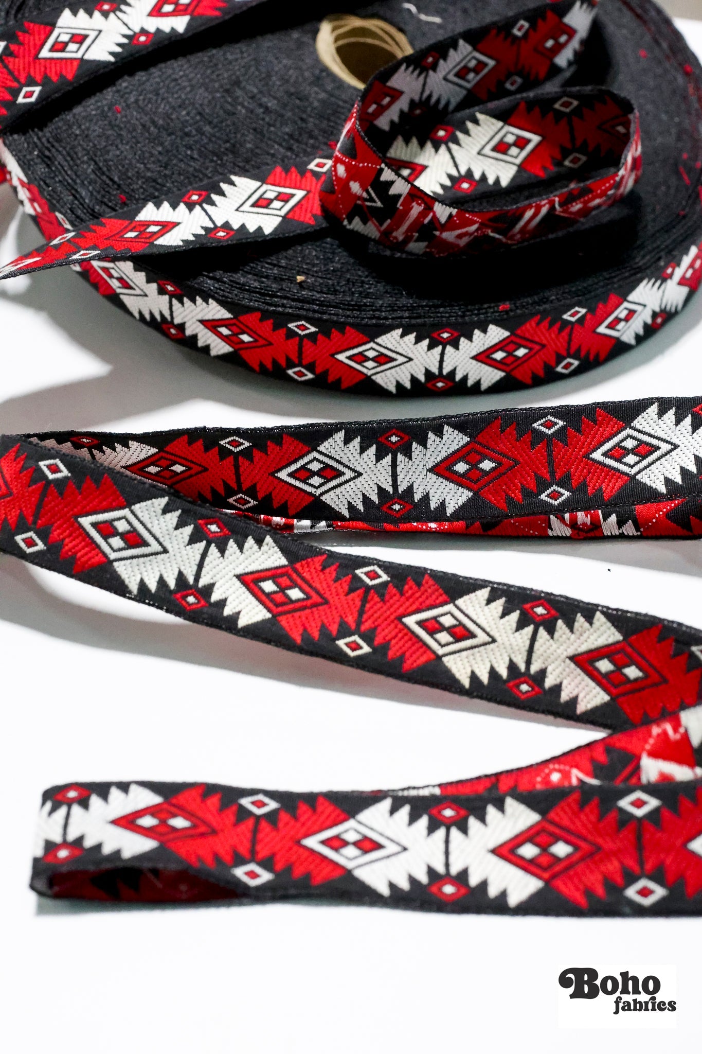Diamond Firecracker, 1" Red/Black Jacquard Woven TRIM - 007 - Boho Fabrics - Trims