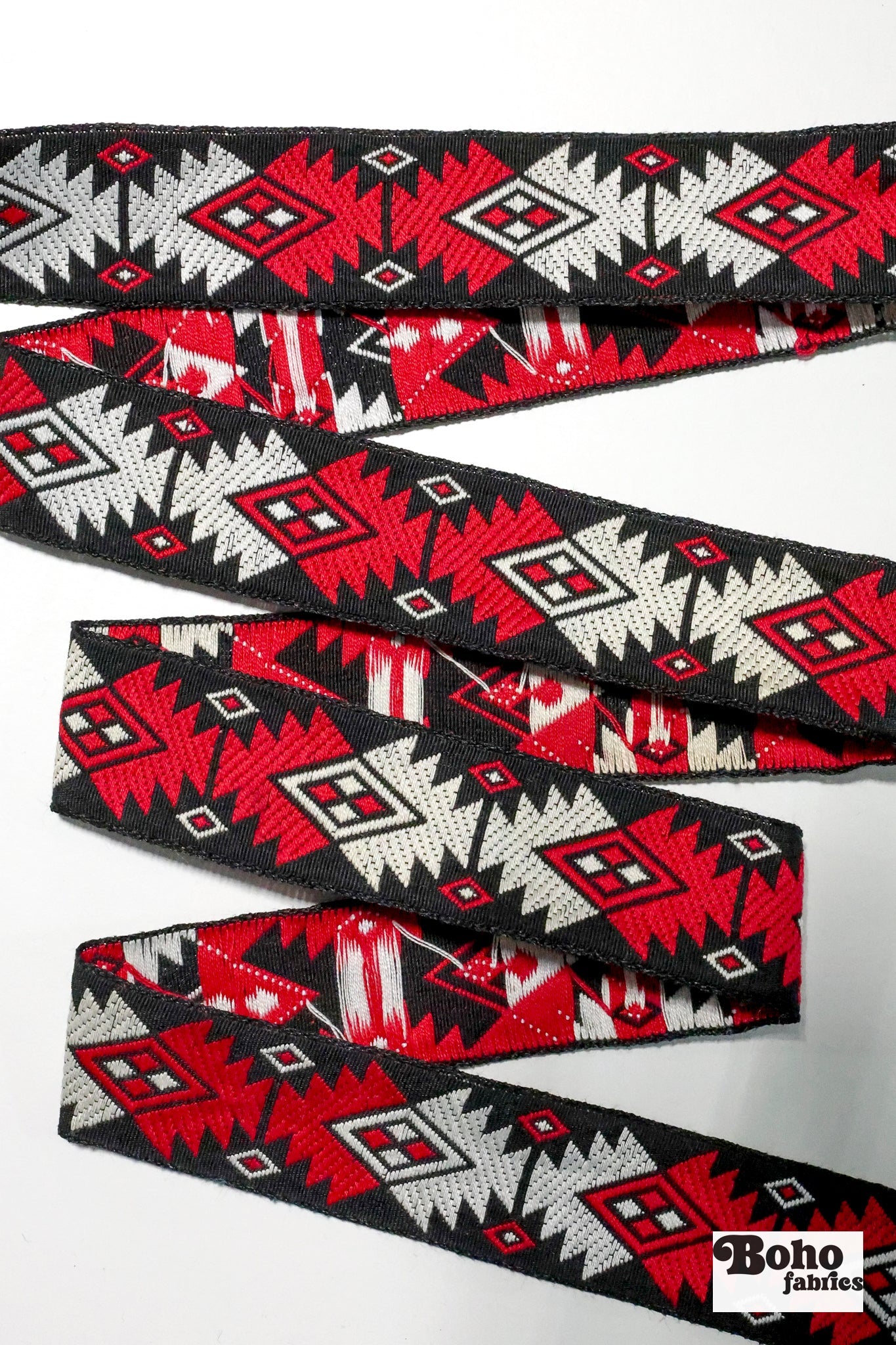 Diamond Firecracker, 1" Red/Black Jacquard Woven TRIM - 007 - Boho Fabrics - Trims
