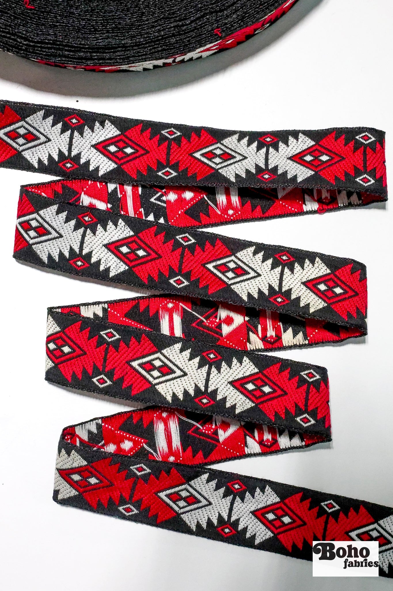 Diamond Firecracker, 1" Red/Black Jacquard Woven TRIM - 007 - Boho Fabrics - Trims