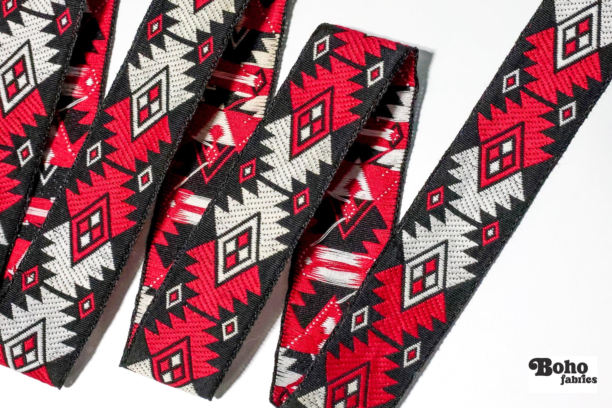 Diamond Firecracker, 1" Red/Black Jacquard Woven TRIM - 007 - Boho Fabrics - Trims
