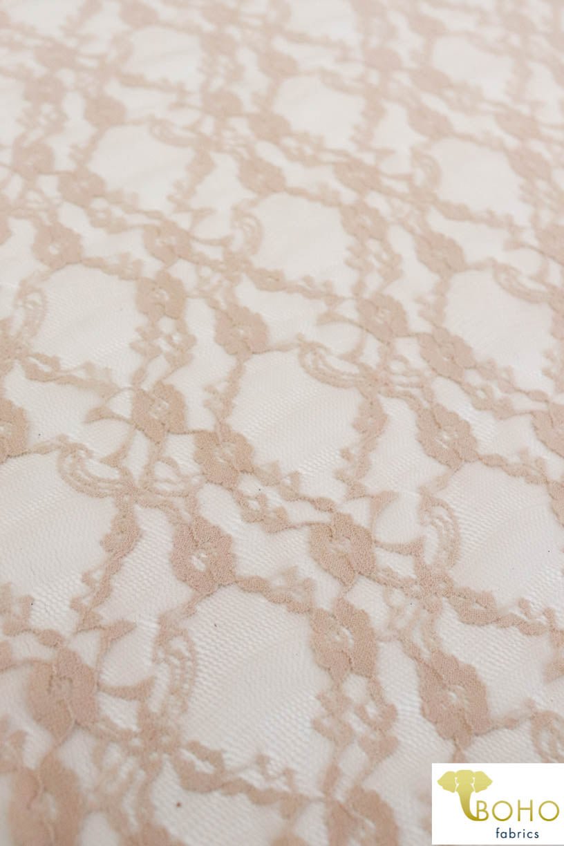 "Diamond Flowers" in Beige. Stretch Lace. SL-110-NDE. - Boho Fabrics