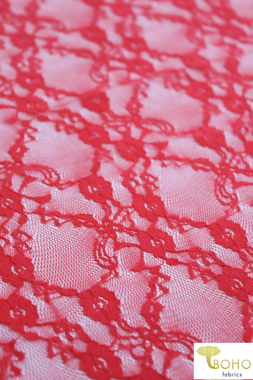 "Diamond Flowers" in Deep Coral. Stretch Lace. SL-110-CRL. - Boho Fabrics
