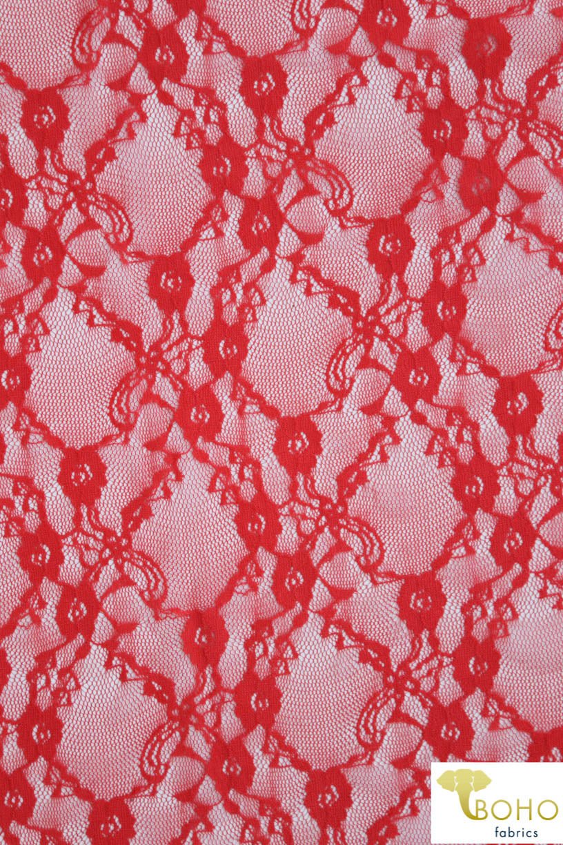 "Diamond Flowers" in Deep Coral. Stretch Lace. SL-110-CRL. - Boho Fabrics