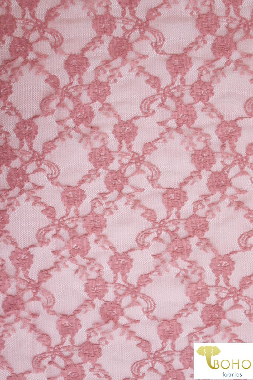 "Diamond Flowers" in Mauve. Stretch Lace. SL-110-MVE. - Boho Fabrics