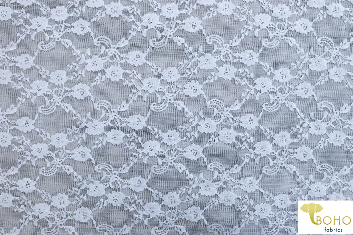 "Diamond Flowers" in White. Stretch Lace. SL-110-WHT. - Boho Fabrics
