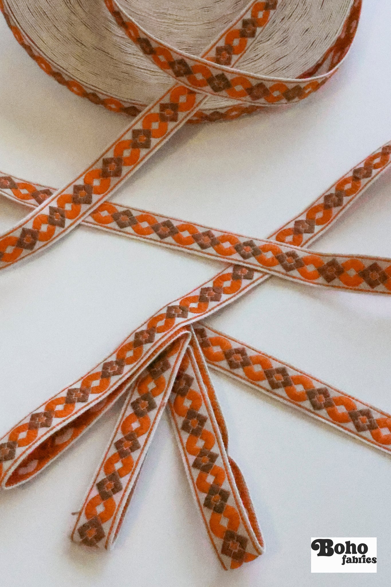 Diamond Link, Orange & Brown. 5/8" Vintage Jacquard Ribbon. TRIM - 079 - Boho Fabrics - Trims