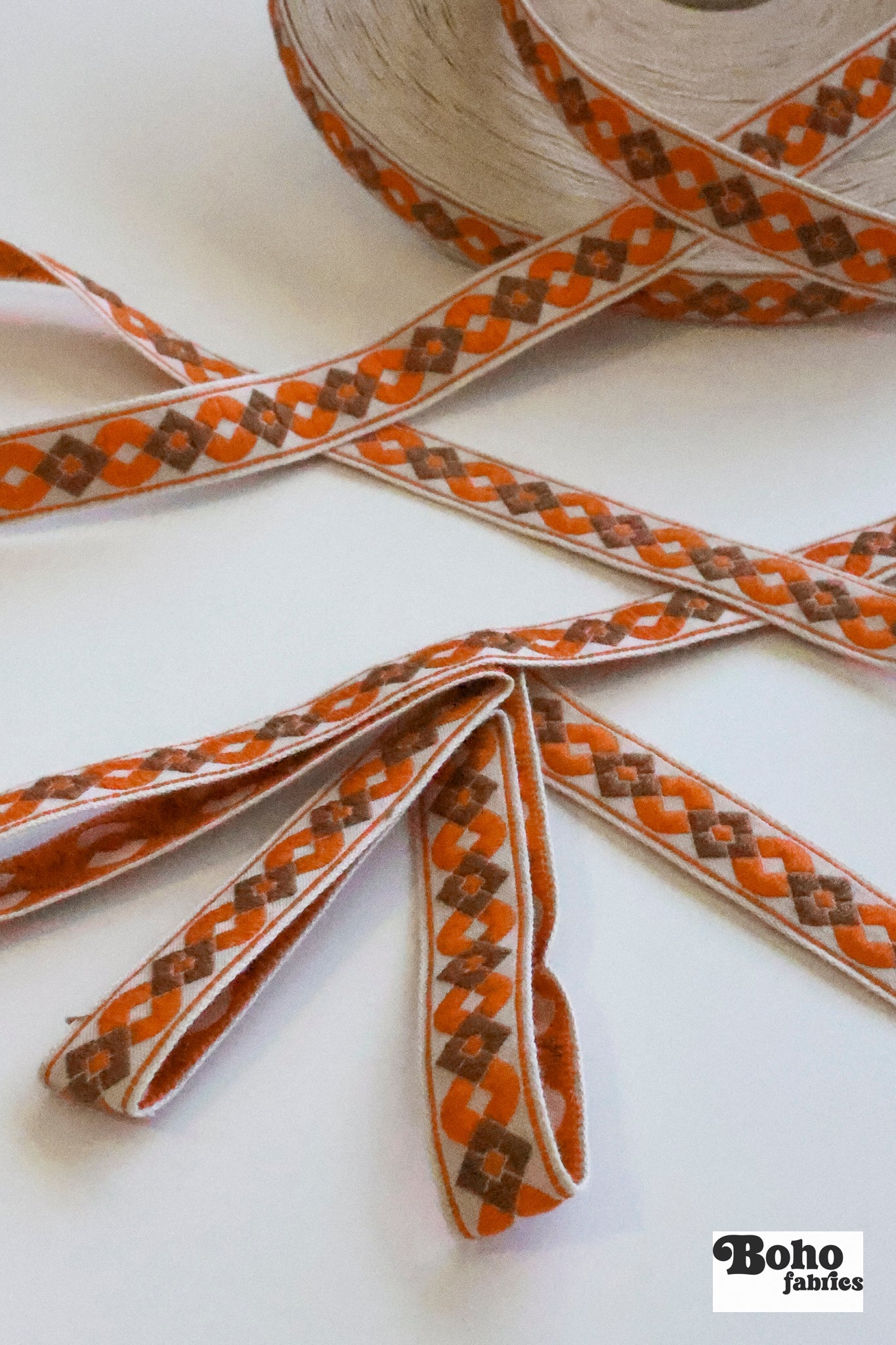 Diamond Link, Orange & Brown. 5/8" Vintage Jacquard Ribbon. TRIM - 079 - Boho Fabrics - Trims